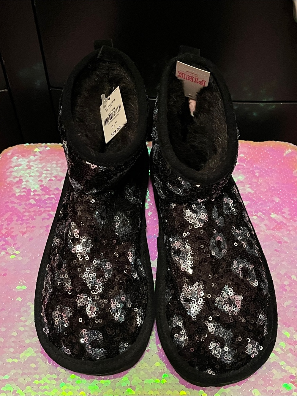 NWT PINK Victoria's Secret Black Sequin Cheetah Plush Short Boots
